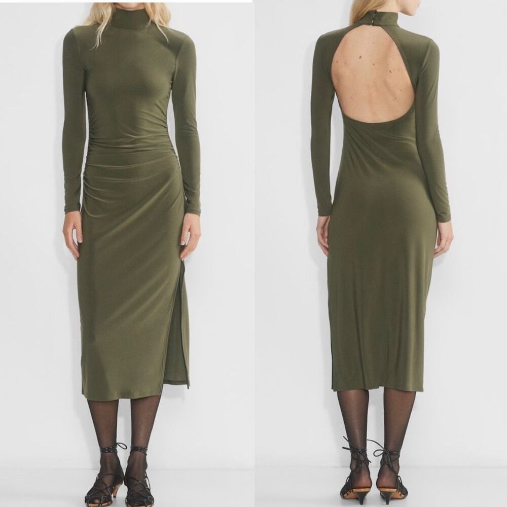 Aritzia $110 Wilfred Mock Neck Open Back Remedy Long Sleeve Dress Dark Olive L N